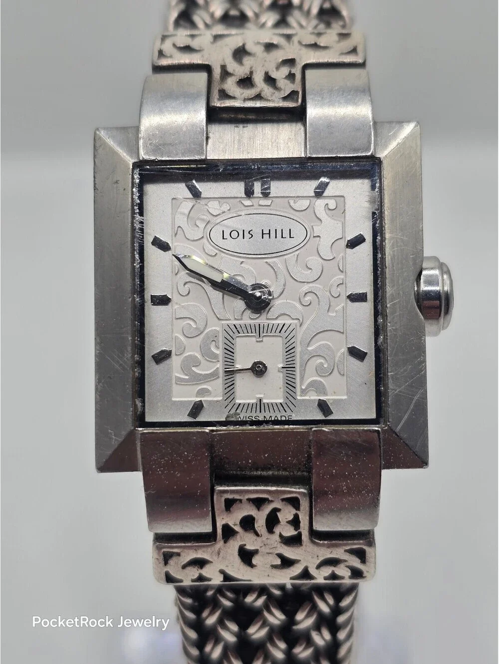 Lois Hill Women’s Swiss Made Quartz Rectangle Silver Dial 925 SILVER Bracelet